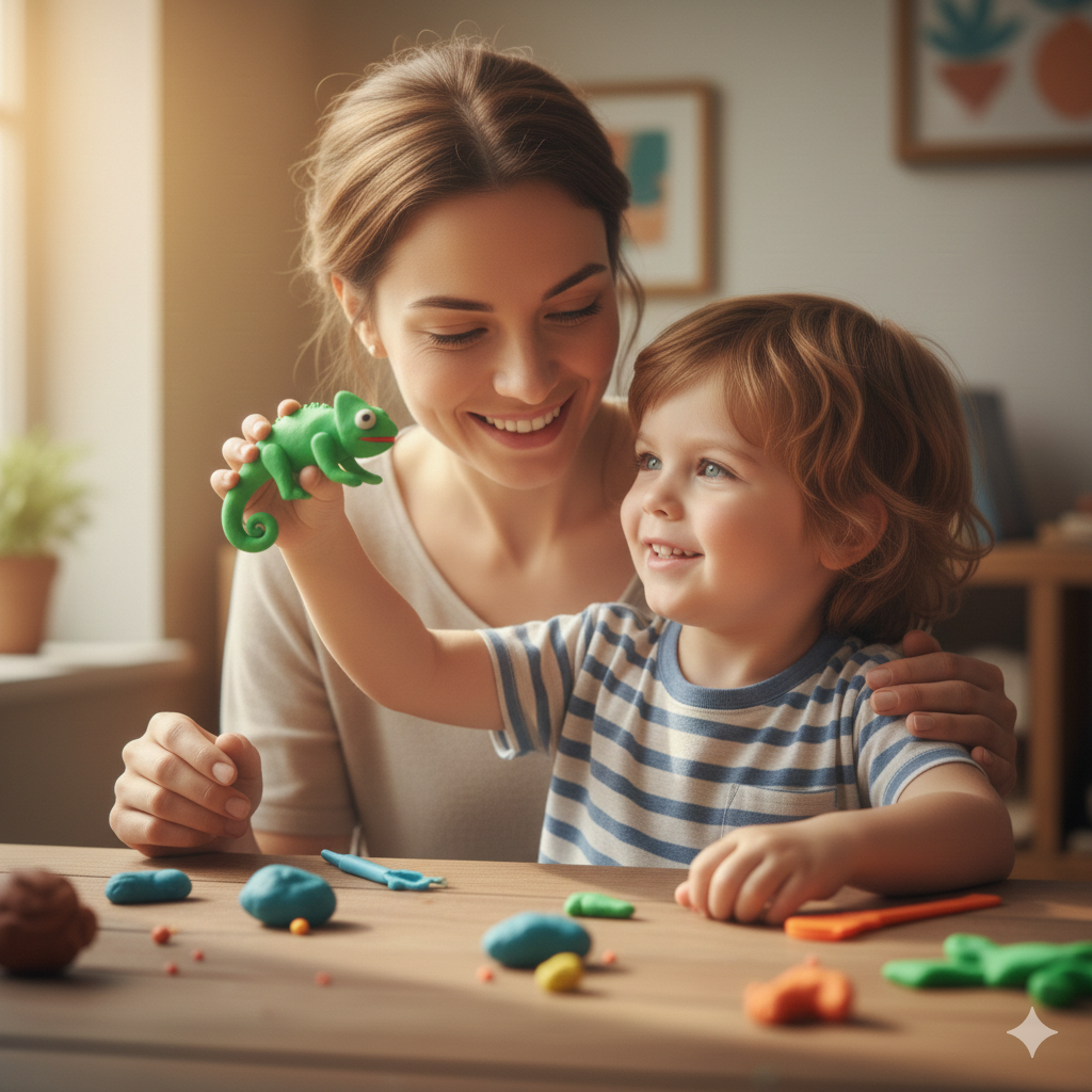 Niño mostrando su creación
